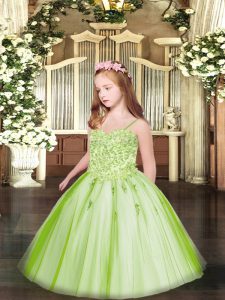 Spaghetti Straps Sleeveless Tulle Winning Pageant Gowns Appliques Lace Up