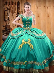 Stunning Turquoise Off The Shoulder Lace Up Beading and Embroidery Quince Ball Gowns Sleeveless