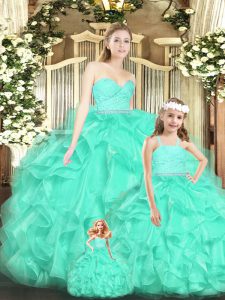 Custom Designed Lace and Ruffles 15 Quinceanera Dress Apple Green Lace Up Sleeveless Floor Length