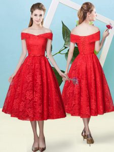 Hot Selling Tea Length Red Quinceanera Court of Honor Dress Lace Cap Sleeves Bowknot
