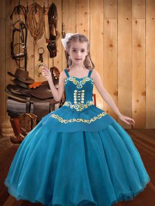 Custom Made Straps Sleeveless Child Pageant Dress Floor Length Embroidery and Ruffles Teal Organza