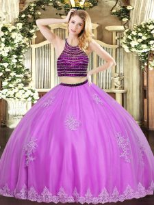 Lilac Sleeveless Beading and Appliques Floor Length Sweet 16 Dresses