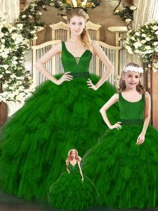 Sleeveless Floor Length Ruffles Zipper Quinceanera Gowns with Green