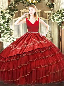 Deluxe Wine Red Organza Zipper Quinceanera Dress Sleeveless Floor Length Embroidery and Ruffled Layers