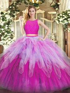 Ball Gowns Quinceanera Dress Fuchsia Scoop Organza Sleeveless Floor Length Zipper