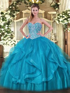 Decent Baby Blue Lace Up Sweetheart Beading and Ruffles 15th Birthday Dress Organza Sleeveless