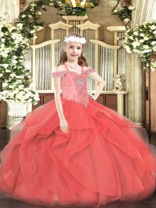 Excellent Sleeveless Lace Up Floor Length Beading and Ruffles Kids Pageant Dress