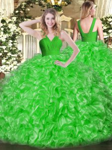 Most Popular Green Zipper V-neck Ruffles Sweet 16 Dress Organza Sleeveless