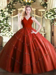 Glamorous V-neck Sleeveless Zipper Quinceanera Gown Rust Red Tulle