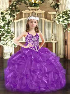 Purple Ball Gowns Organza Straps Sleeveless Beading Floor Length Lace Up Pageant Gowns For Girls