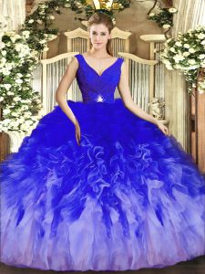 Wonderful Multi-color Ball Gowns Tulle V-neck Sleeveless Beading and Ruffles Floor Length Backless Quinceanera Dress