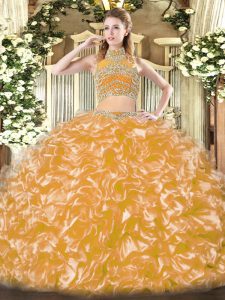 Floor Length Backless Sweet 16 Quinceanera Dress Gold for Military Ball and Sweet 16 and Quinceanera with Beading and Ruffles