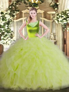 Yellow Green Scoop Side Zipper Beading and Ruffles Quinceanera Gown Sleeveless