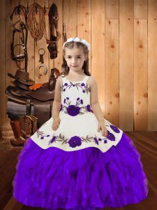 Custom Design Organza Straps Sleeveless Lace Up Embroidery and Ruffles Little Girls Pageant Dress in Eggplant Purple