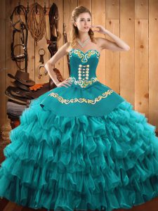 Ideal Floor Length Teal Quinceanera Dresses Sweetheart Sleeveless Lace Up
