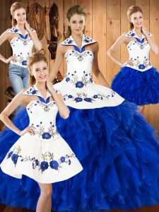 New Arrival Blue And White Lace Up Quinceanera Dress Embroidery and Ruffles Sleeveless Floor Length