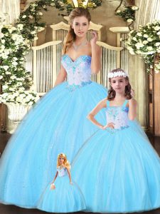 Glittering Aqua Blue Sleeveless Floor Length Beading Lace Up Quinceanera Gown