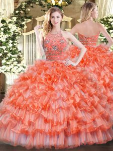 Chic Orange Sleeveless Beading and Ruffled Layers Floor Length Quince Ball Gowns