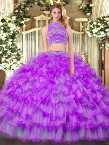 Flare High-neck Sleeveless Tulle Ball Gown Prom Dress Beading and Ruffled Layers Backless