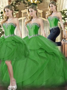 Sweetheart Sleeveless Sweet 16 Quinceanera Dress Floor Length Beading and Ruffles Green Organza