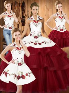 Luxurious Wine Red Satin and Organza Lace Up Halter Top Sleeveless With Train Quinceanera Dress Sweep Train Embroidery and Ruffled Layers