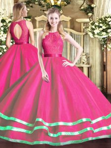 Wonderful Hot Pink Ball Gowns Lace Quinceanera Gowns Zipper Tulle Sleeveless Floor Length
