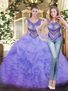 Glamorous Lavender Tulle Lace Up Scoop Sleeveless Floor Length Sweet 16 Quinceanera Dress Beading and Ruffles