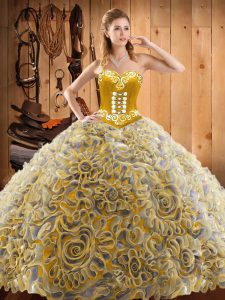 Multi-color Ball Gowns Sweetheart Sleeveless Satin and Fabric With Rolling Flowers With Train Sweep Train Lace Up Embroidery Quinceanera Dress