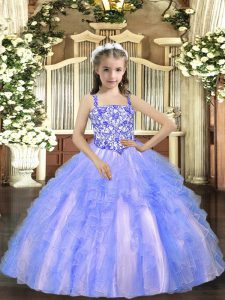 Perfect Light Blue Kids Pageant Dress Party and Sweet 16 and Quinceanera and Wedding Party with Beading and Ruffles Straps Sleeveless Lace Up