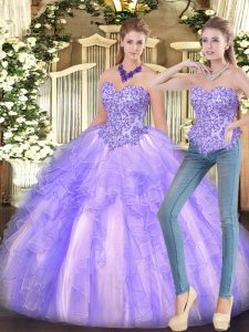 Lavender Sweet 16 Quinceanera Dress Military Ball and Sweet 16 and Quinceanera with Appliques and Ruffles Sweetheart Sleeveless Lace Up