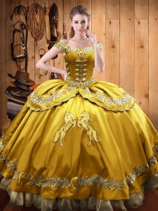 Sweet Gold Off The Shoulder Lace Up Beading and Embroidery Quince Ball Gowns Sleeveless