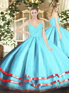 Comfortable Ball Gowns Quinceanera Gowns Aqua Blue Spaghetti Straps Organza Sleeveless Floor Length Zipper