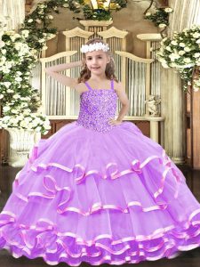 Latest Lilac Ball Gowns Beading and Ruffled Layers Little Girl Pageant Gowns Lace Up Organza Sleeveless Floor Length