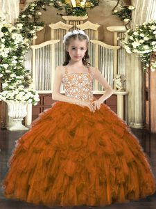 Hot Selling Brown Sleeveless Floor Length Beading and Ruffles Lace Up Kids Pageant Dress