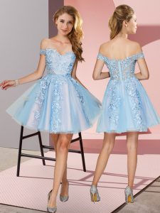 Luxury Light Blue A-line Appliques Court Dresses for Sweet 16 Zipper Tulle Sleeveless Mini Length