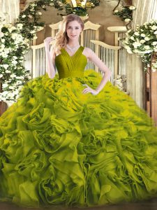 Dramatic Fabric With Rolling Flowers V-neck Sleeveless Zipper Ruffles 15th Birthday Dress in Olive Green
