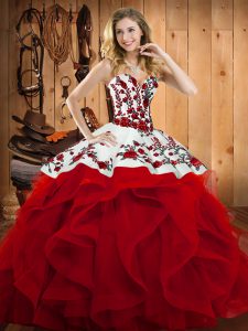 Classical Floor Length Lace Up 15th Birthday Dress Wine Red for Military Ball and Sweet 16 and Quinceanera with Embroidery and Ruffles
