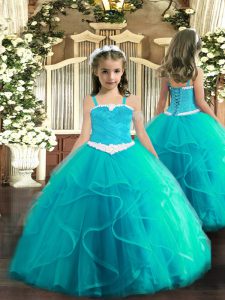 Sleeveless Floor Length Appliques and Ruffles Lace Up Little Girls Pageant Dress with Aqua Blue