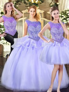 Glorious Lavender Organza Zipper Scoop Sleeveless Floor Length Sweet 16 Dress Beading