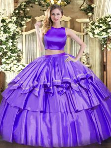 Simple Sleeveless Floor Length Ruffled Layers Criss Cross Quinceanera Gown with Purple