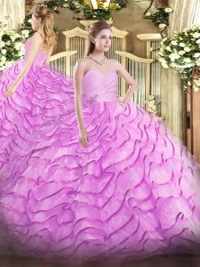 Lilac Ball Gowns Sweetheart Sleeveless Organza Brush Train Lace Up Beading and Ruffled Layers Quinceanera Dress