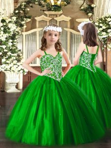 Ball Gowns Pageant Gowns For Girls Green Straps Tulle Sleeveless Floor Length Lace Up