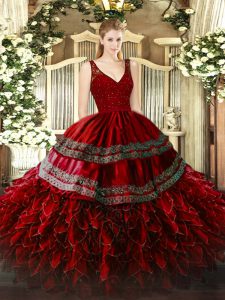 New Style Wine Red V-neck Zipper Beading and Appliques and Ruffles Quince Ball Gowns Sleeveless