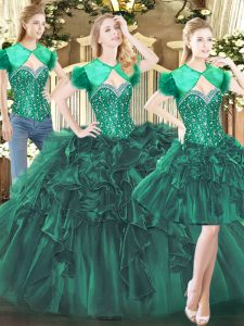 Wonderful Tulle Sweetheart Sleeveless Lace Up Beading and Ruffles Quince Ball Gowns in Dark Green