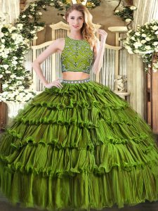 Olive Green Sleeveless Floor Length Beading and Ruffled Layers Zipper Sweet 16 Dress