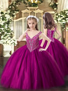 Modern V-neck Sleeveless Lace Up Custom Made Pageant Dress Fuchsia Tulle