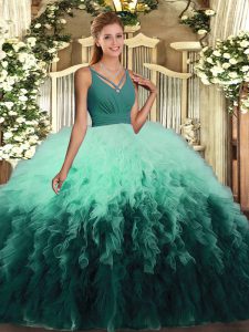 Fantastic Sleeveless Tulle Floor Length Backless Vestidos de Quinceanera in Multi-color with Ruffles