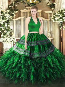 Latest Dark Green Sleeveless Floor Length Appliques and Ruffles Zipper Sweet 16 Dress
