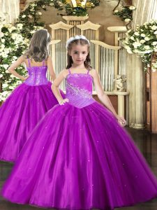Straps Sleeveless Girls Pageant Dresses Floor Length Beading Purple Tulle