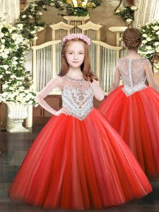 Coral Red Tulle Zipper Scoop Sleeveless Floor Length Pageant Dress Womens Beading